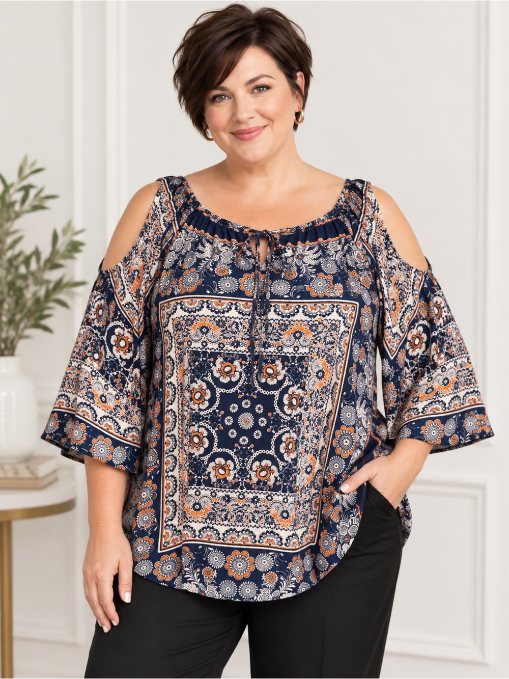 New Directions Navy Orange Scarf Print Cold Shoulder Blouse 2X